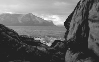 Black and white photo of a rocky coastline with rough ocean waves and dramatic mountain backdrop under a cloudy sky, with the words "TARANCZEWSKI" and "LOM" overlaid.